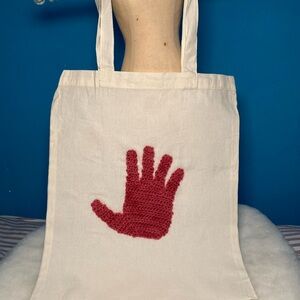 White Tote Bag with Red Hand crochet